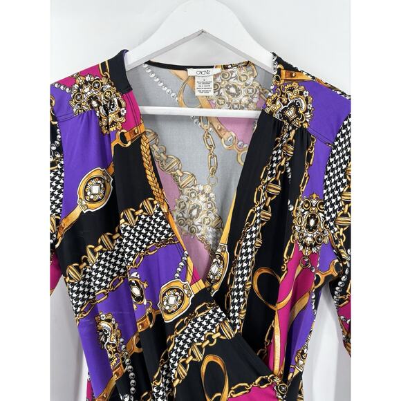 Cache Blouse Womens Medium Multicolor Chain Print Houndstooth Ruched Faux Wrap - Picture 2 of 16